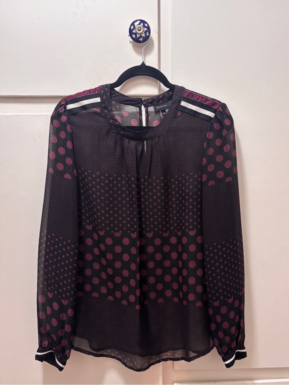 Who What Wear Black Sheer Blouse with Burgundy Polka Dots